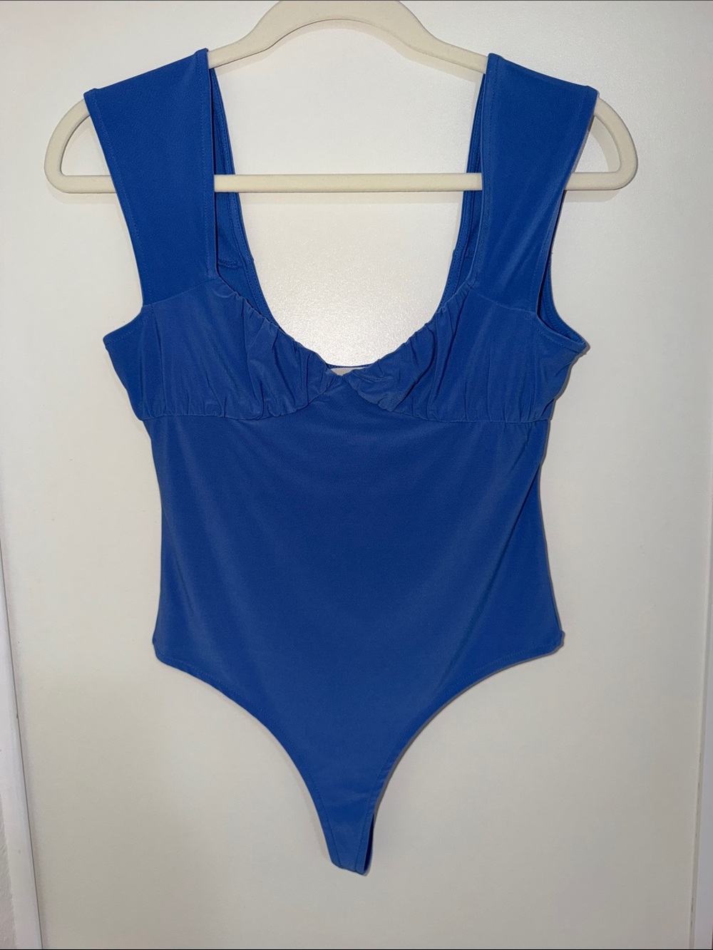 Open Edit Shirred Cap Sleeve Bodysuit in Blue | S